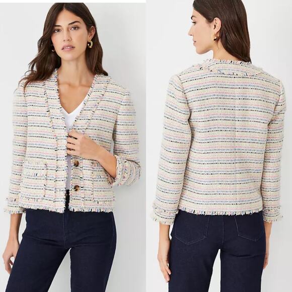 Ann Taylor Multicolor Shimmer Fringe Tweed Button Front Cardigan Jacket Size 8 - Picture 1 of 9